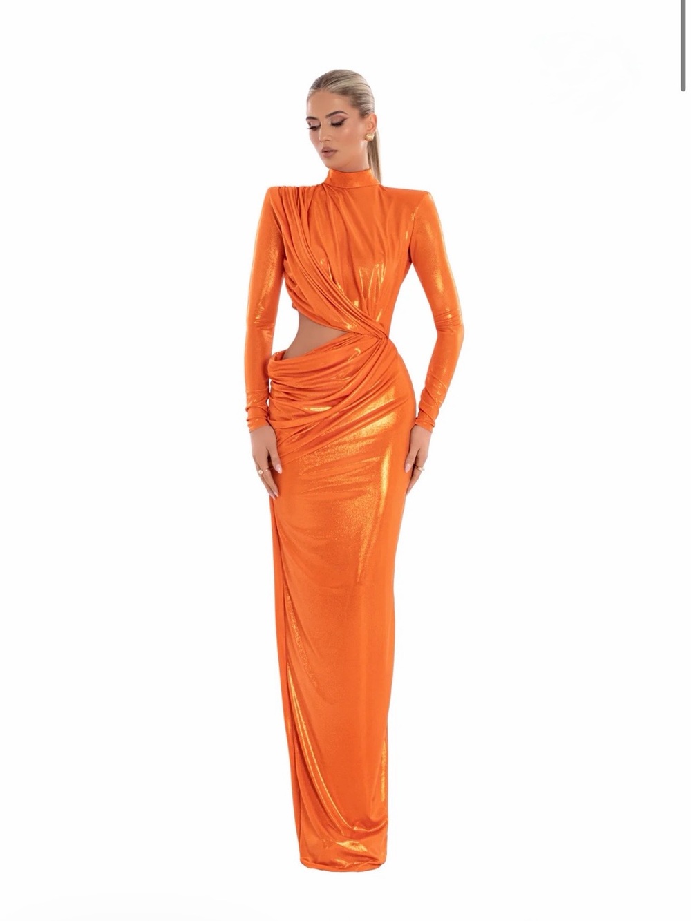Brand New Albina Dyla Orange Twist-Cutout Long Sleeve Evening Gown Large